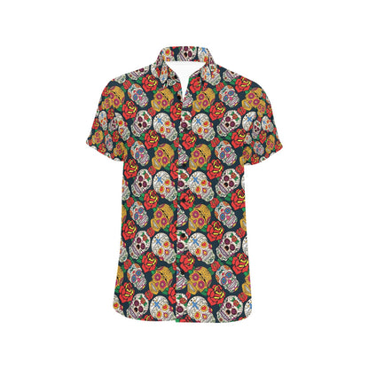 Sugar Skull Print Design LKS306 Men Short Sleeve Button Up Shirt