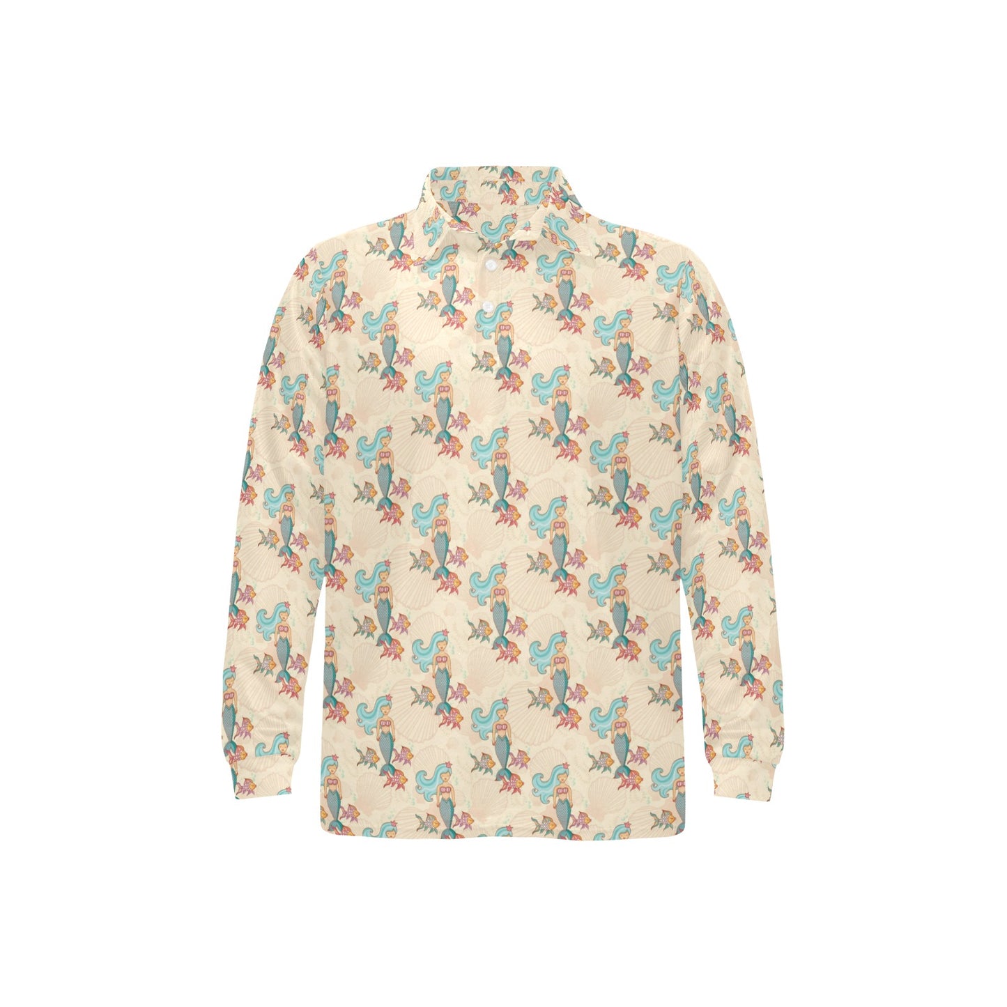 Mermaid Girl With Fish Design Print Long Sleeve Polo Shirt For Men's