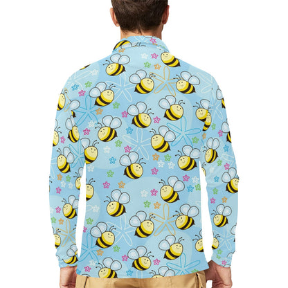 Bee Pattern Print Design BEE03 Long Sleeve Polo Shirt For Men's