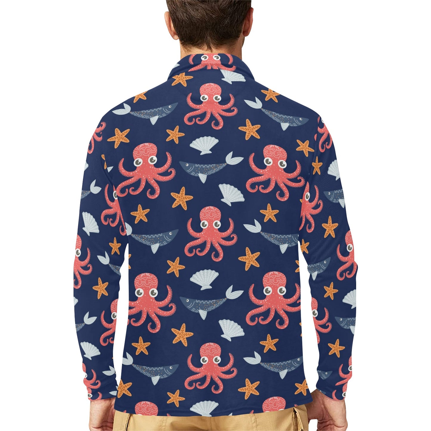 Octopus Pattern Print Design A04 Long Sleeve Polo Shirt For Men's