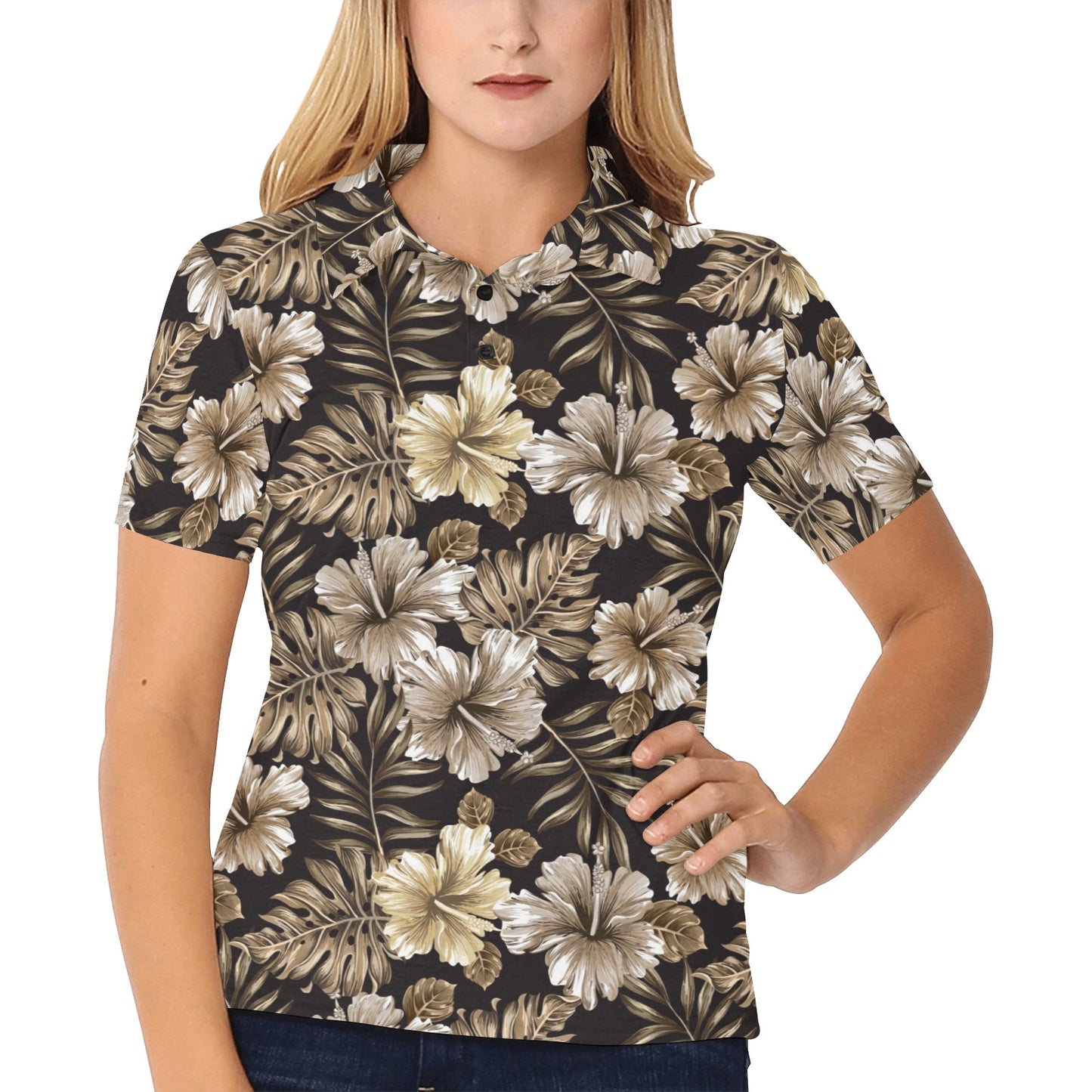 Brown Hibiscus Tropical Women's Polo Shirt
