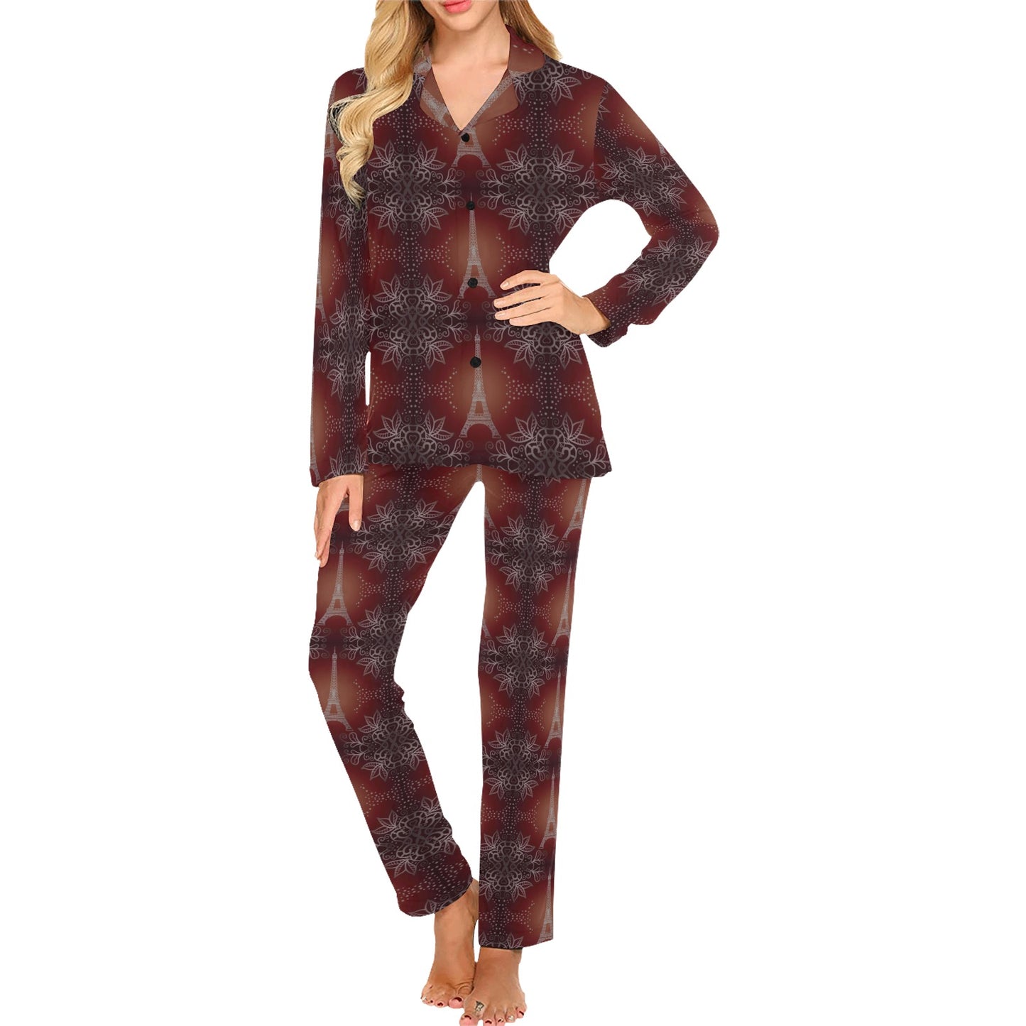 Eiffel Tower Drawing Print Women's Long Pajama Set