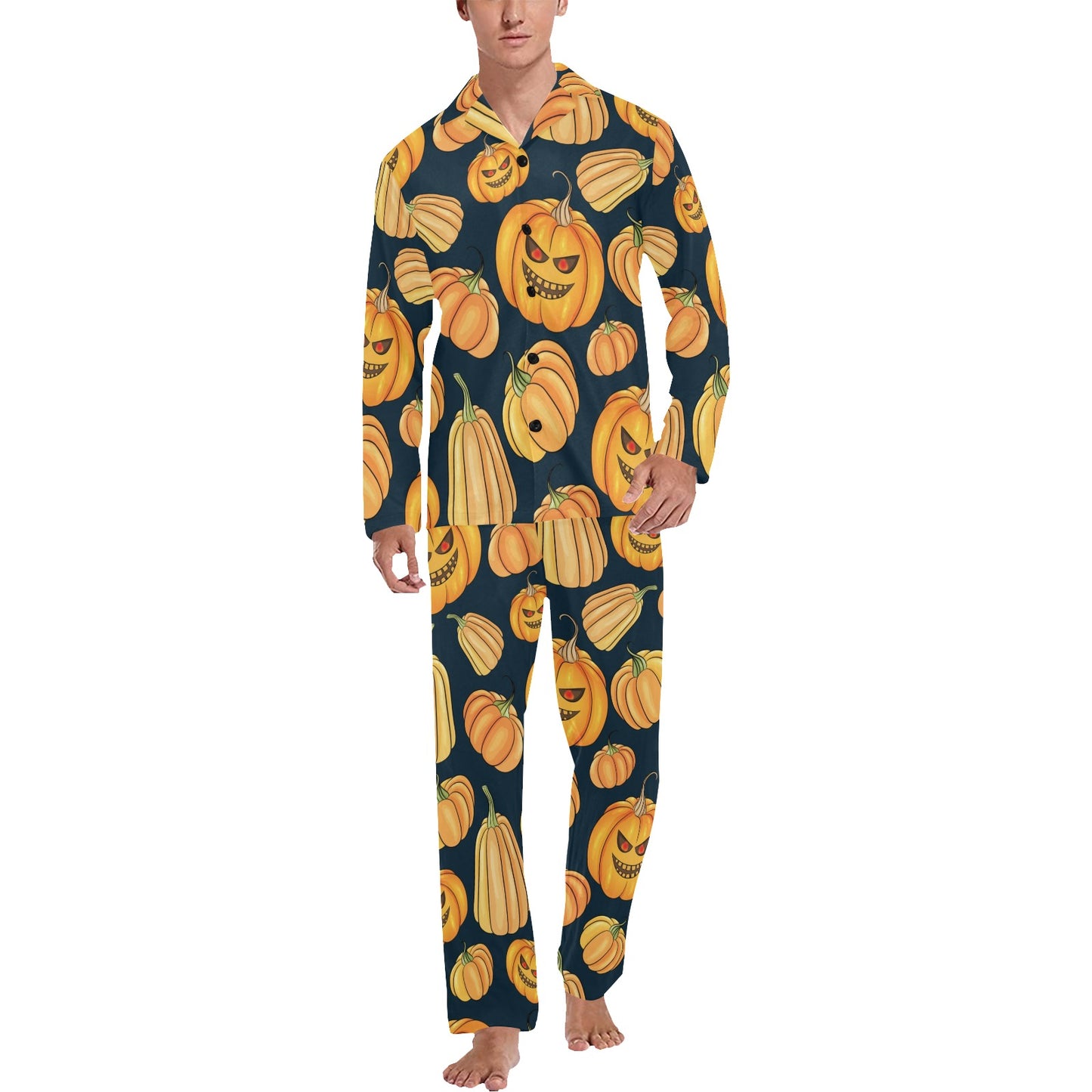 Pumpkin Halloween Pattern Print Design A04 Men's Long Pajama Set