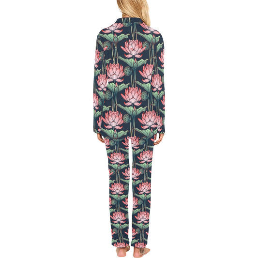 Water Lily Pattern Print Design WL03 Women's Long Pajama Set