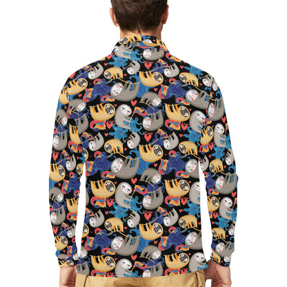 Sloth Cartoon Design Themed Print Long Sleeve Polo Shirt For Men's