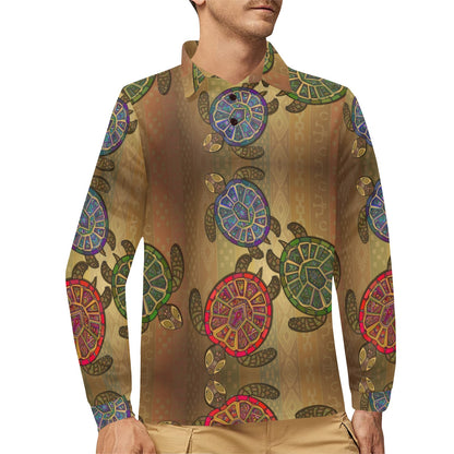 Sea Turtle Tribal Colorful Long Sleeve Polo Shirt For Men's