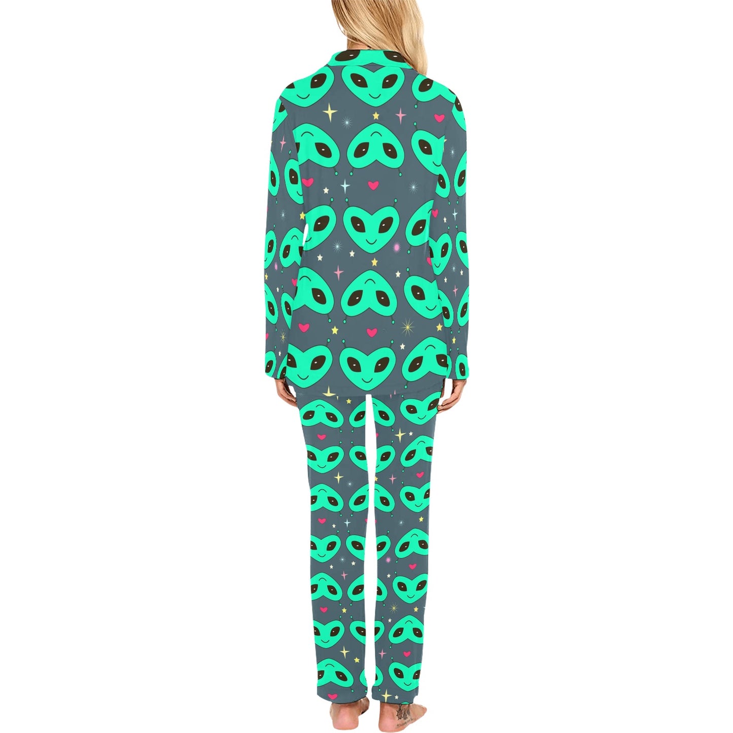 Alien Head Heart Pattern Print Design 03 Women's Long Pajama Set