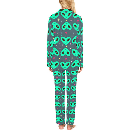 Alien Head Heart Pattern Print Design 03 Women's Long Pajama Set