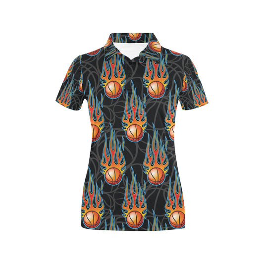 Basketball Fire Print Pattern Women's Polo Shirt