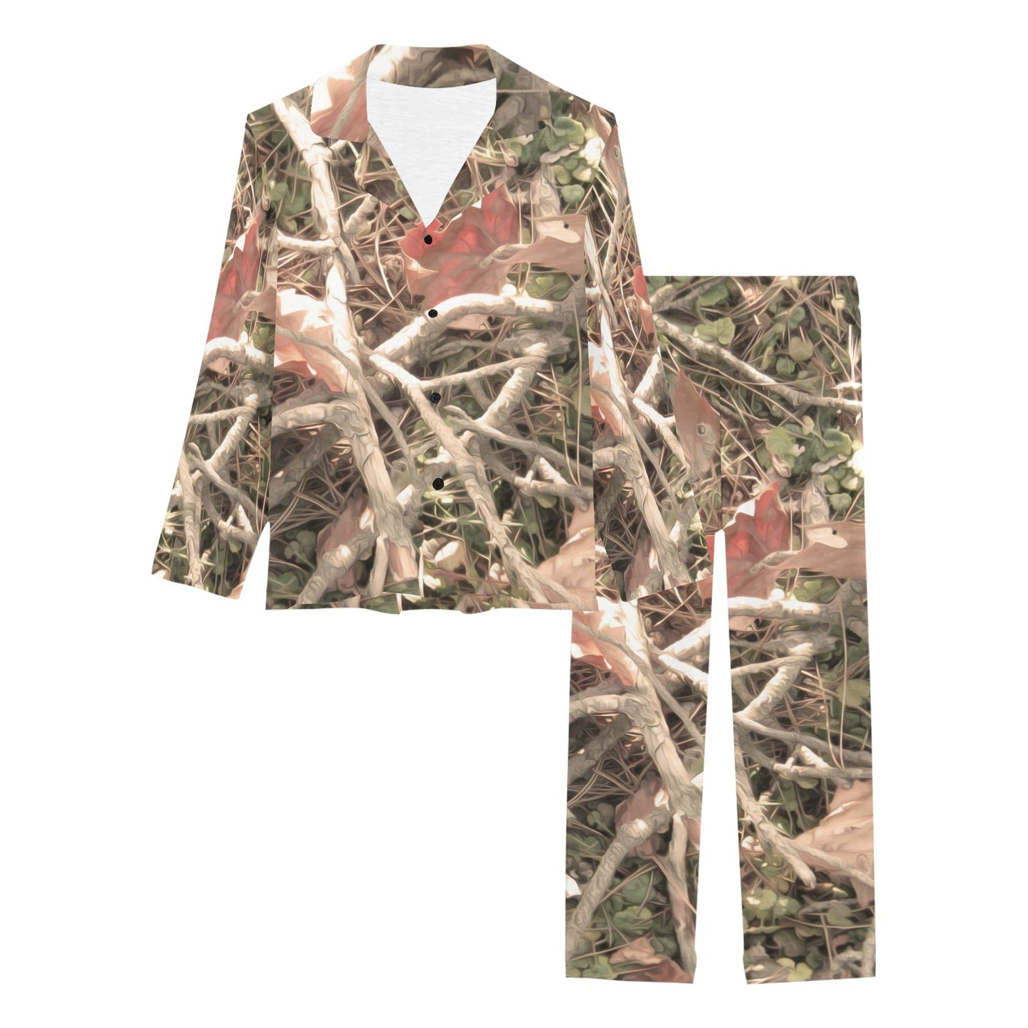 Camouflage Realistic Tree Authumn Print Women's Long Pajama Set