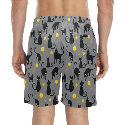 Black Cat Yellow Yarn Print Pattern Men's Swim Trunks Beach Shorts
