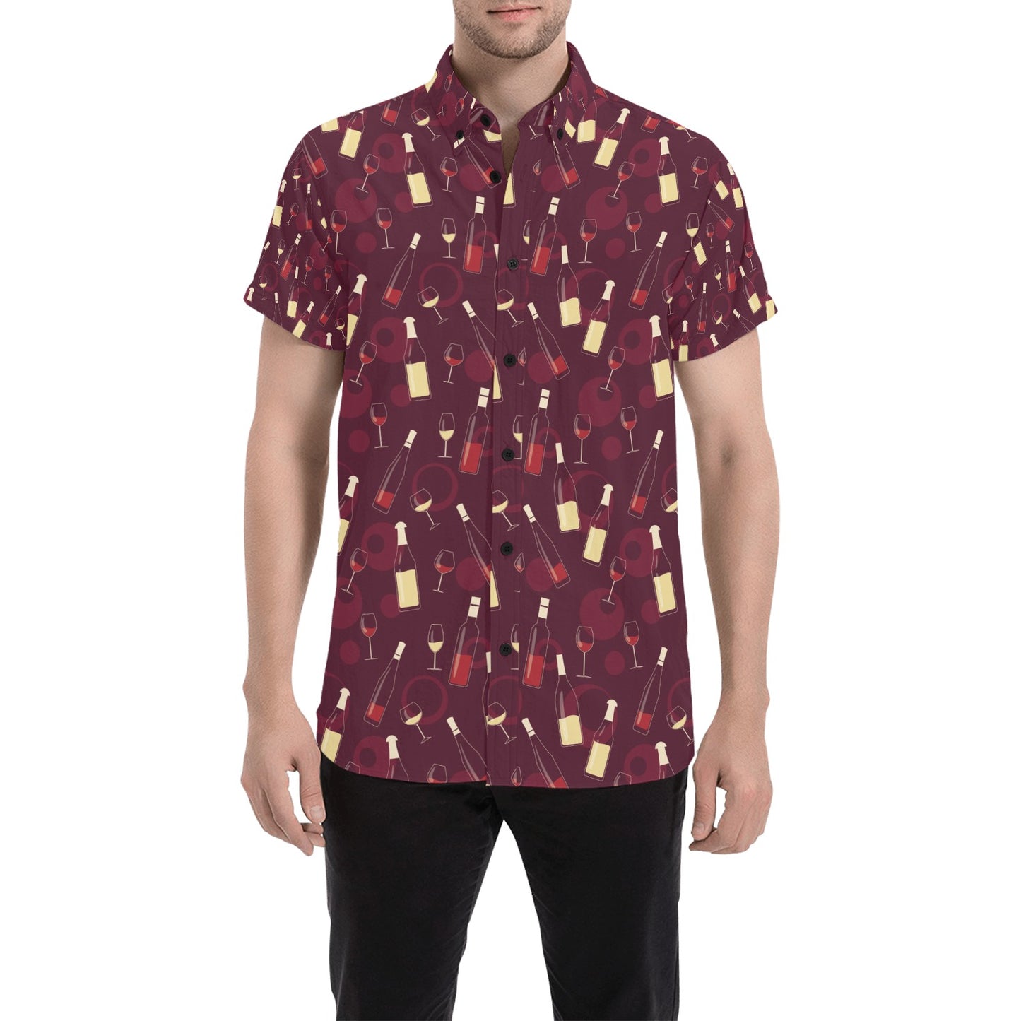 Wine Themed Print Design LKS302 Men Short Sleeve Button Up Shirt