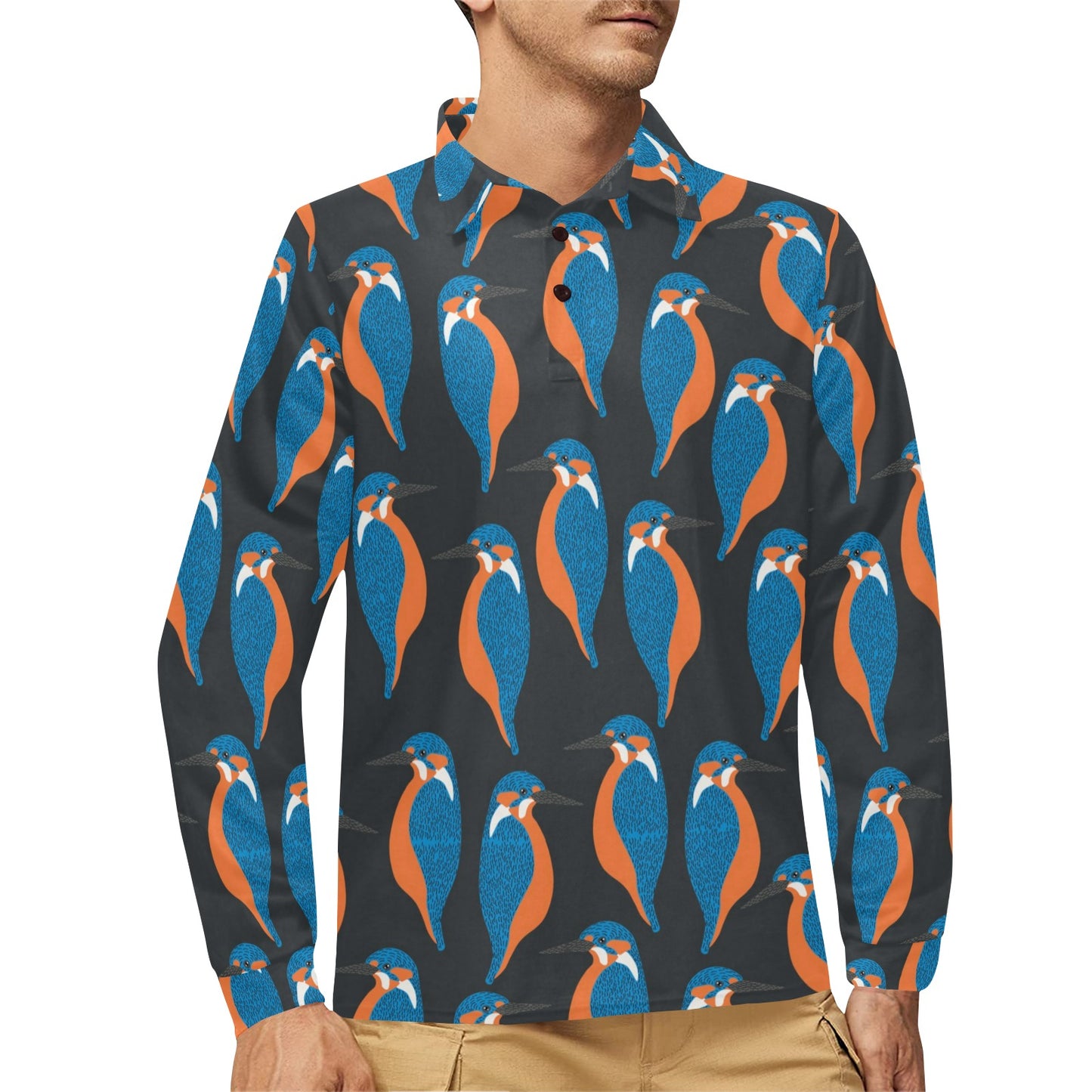 Kingfisher Pattern Print Design 03 Long Sleeve Polo Shirt For Men's