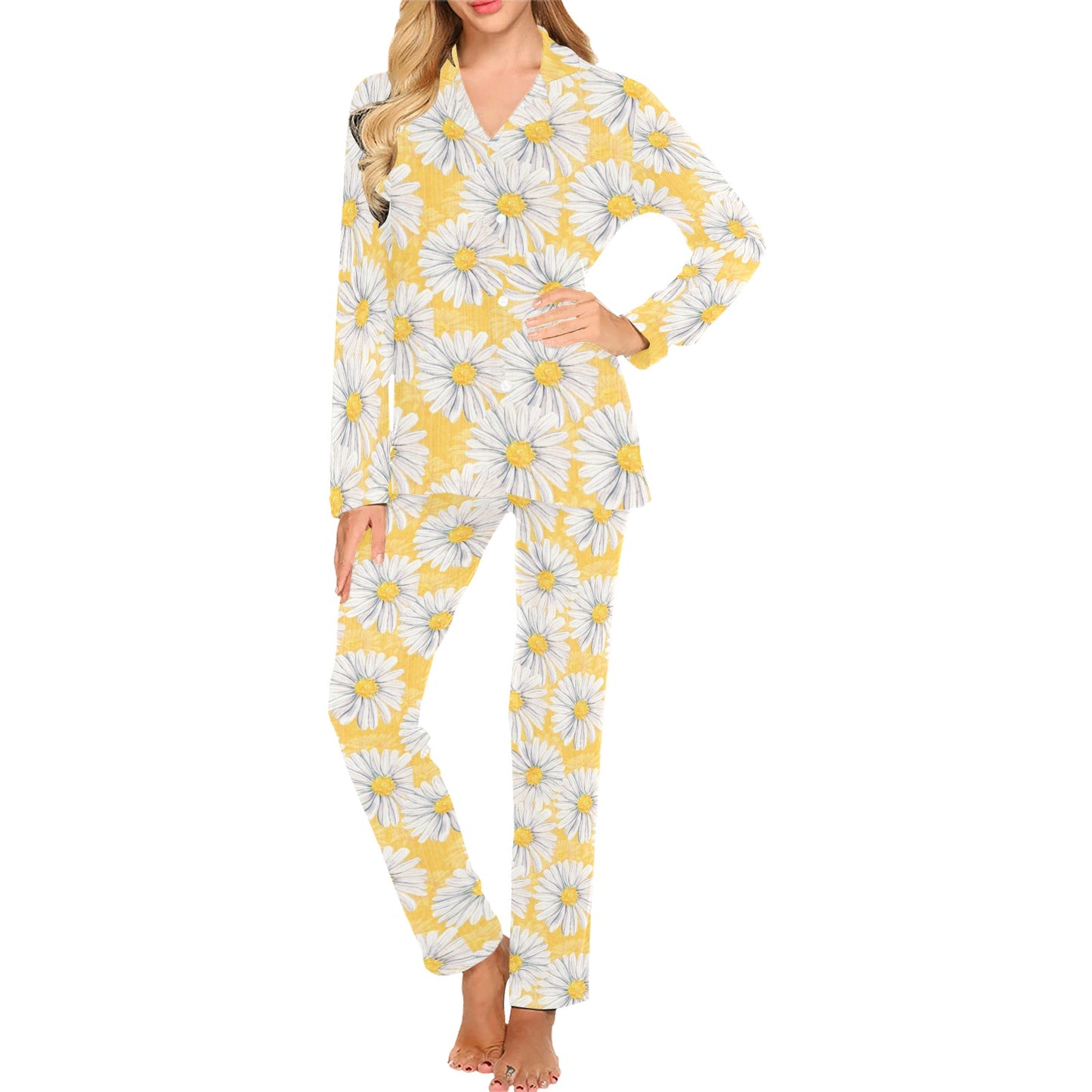Daisy Yellow Watercolor Print Pattern Women's Long Pajama Set