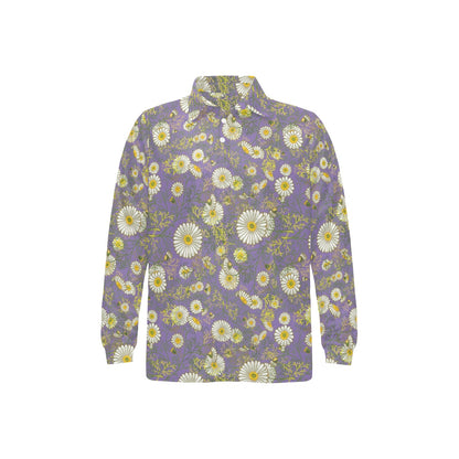 Daisy Pattern Print Design DS011 Long Sleeve Polo Shirt For Men's