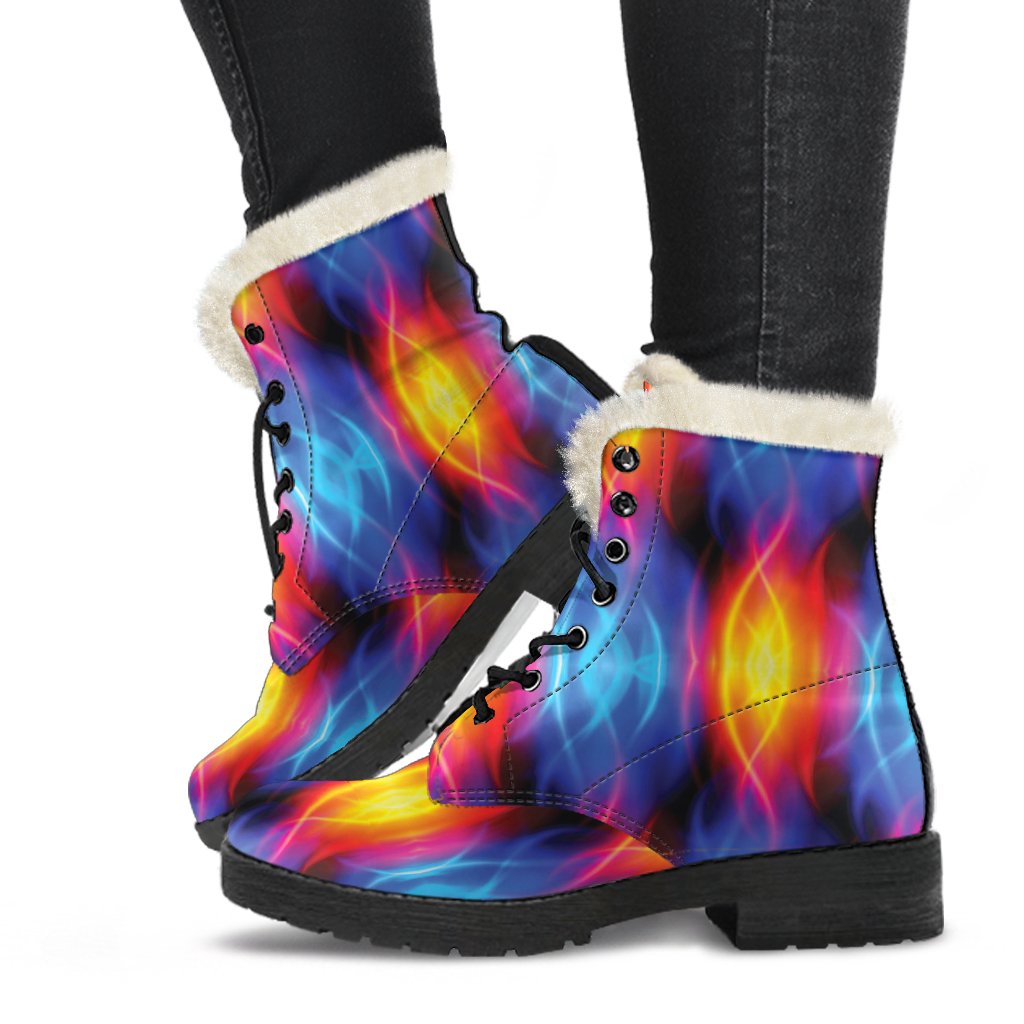 Flame Fire Blue Design Print Faux Fur Leather Boots-JTAMIGO.COM