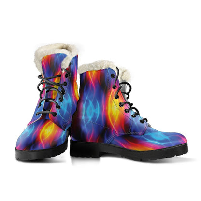 Flame Fire Blue Design Print Faux Fur Leather Boots-JTAMIGO.COM