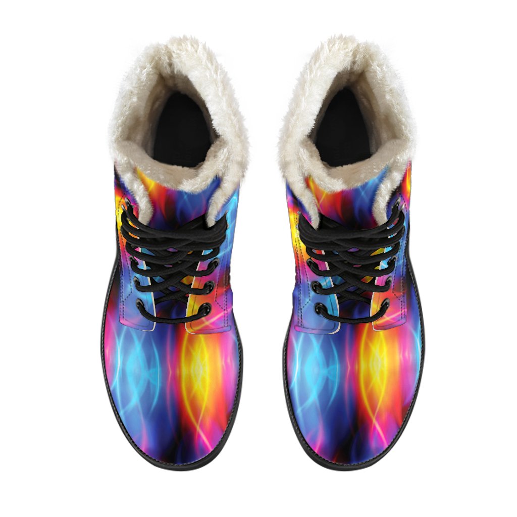 Flame Fire Blue Design Print Faux Fur Leather Boots-JTAMIGO.COM