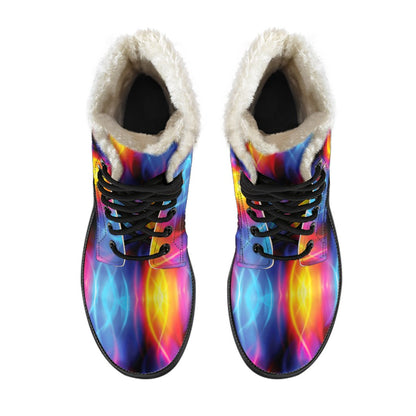 Flame Fire Blue Design Print Faux Fur Leather Boots-JTAMIGO.COM