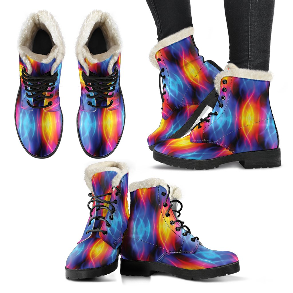 Flame Fire Blue Design Print Faux Fur Leather Boots-JTAMIGO.COM