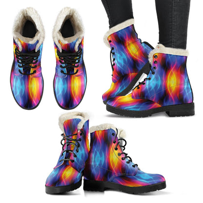Flame Fire Blue Design Print Faux Fur Leather Boots-JTAMIGO.COM