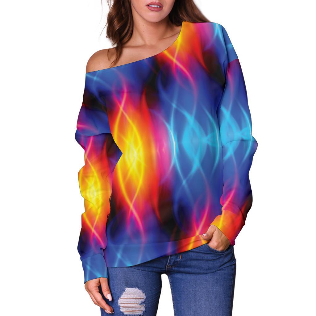 Flame Fire Blue Design Print Off Shoulder Sweatshirt