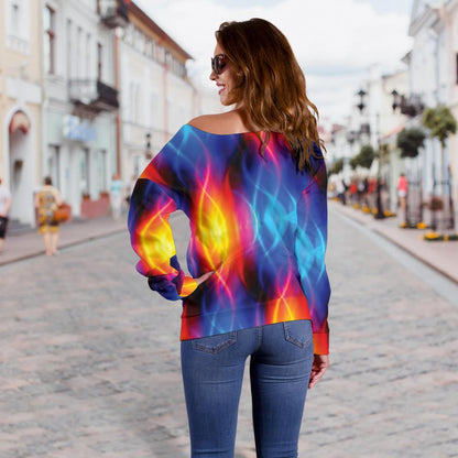 Flame Fire Blue Design Print Off Shoulder Sweatshirt
