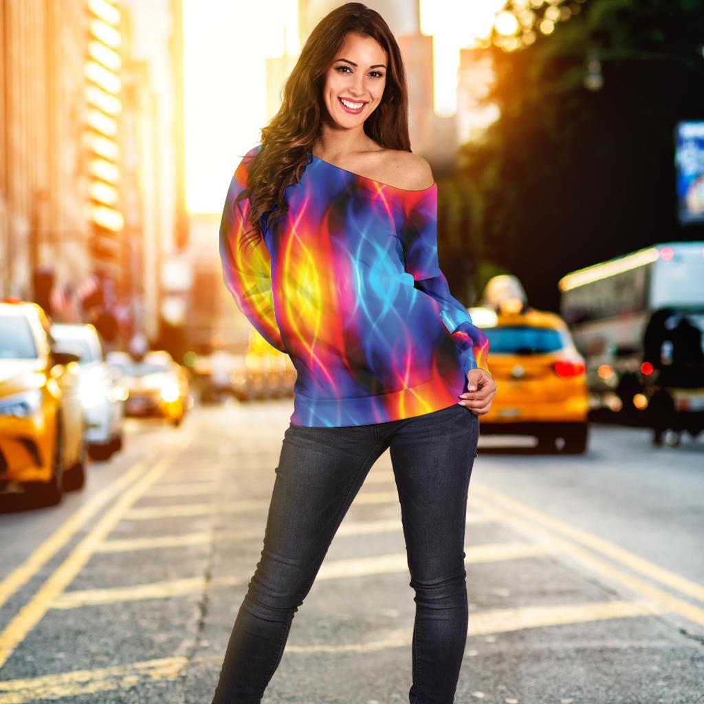 Flame Fire Blue Design Print Off Shoulder Sweatshirt