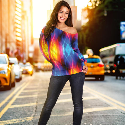 Flame Fire Blue Design Print Off Shoulder Sweatshirt