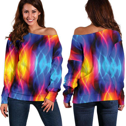 Flame Fire Blue Design Print Off Shoulder Sweatshirt