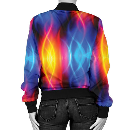 Flame Fire Blue Design Print Women Casual Bomber Jacket