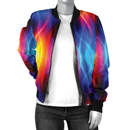 Flame Fire Blue Design Print Women Casual Bomber Jacket