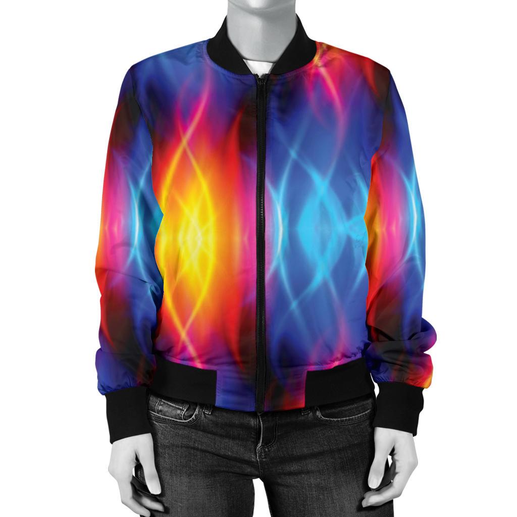Flame Fire Blue Design Print Women Casual Bomber Jacket