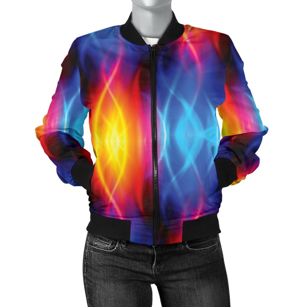 Flame Fire Blue Design Print Women Casual Bomber Jacket