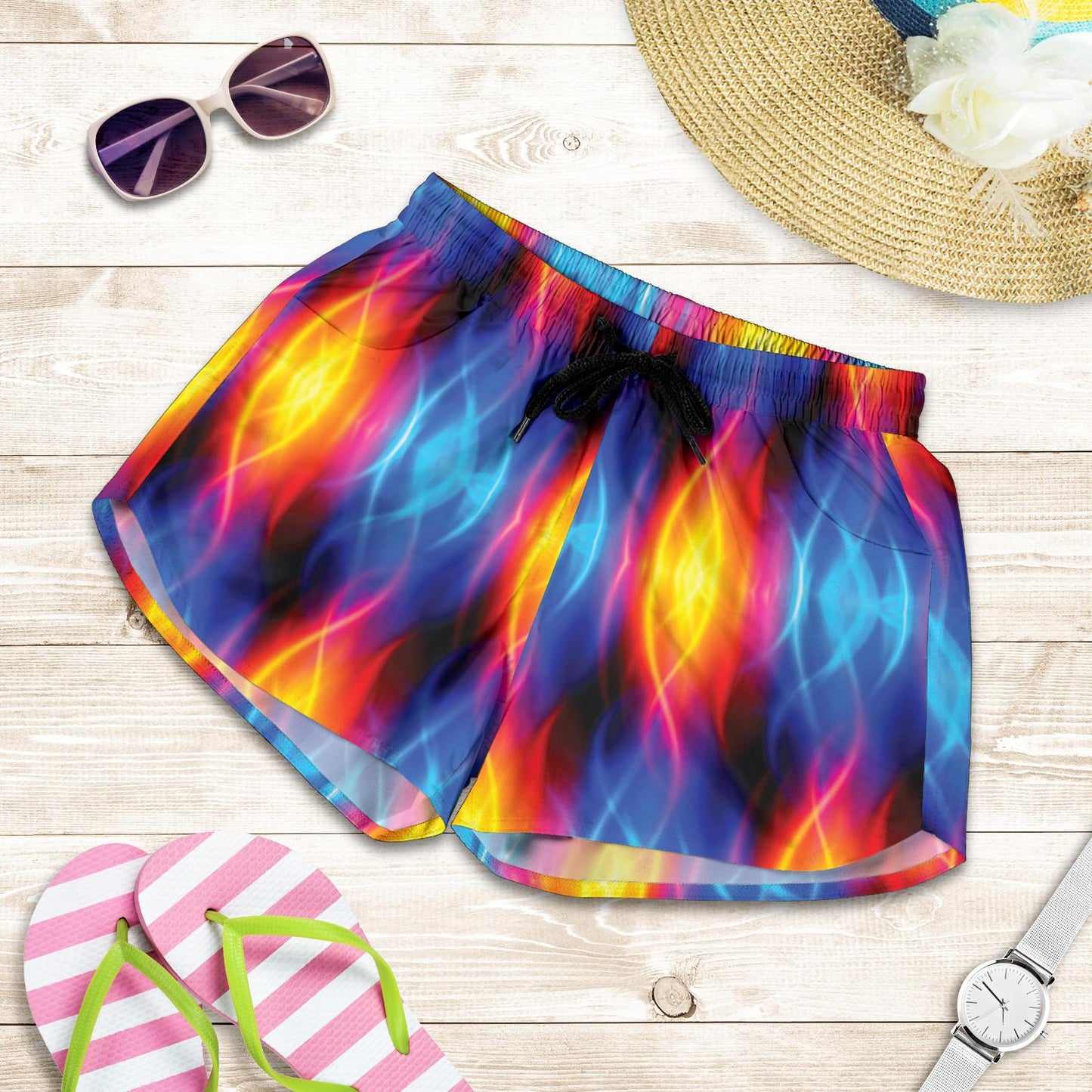 Flame Fire Blue Design Print Women Shorts-JTAMIGO.COM