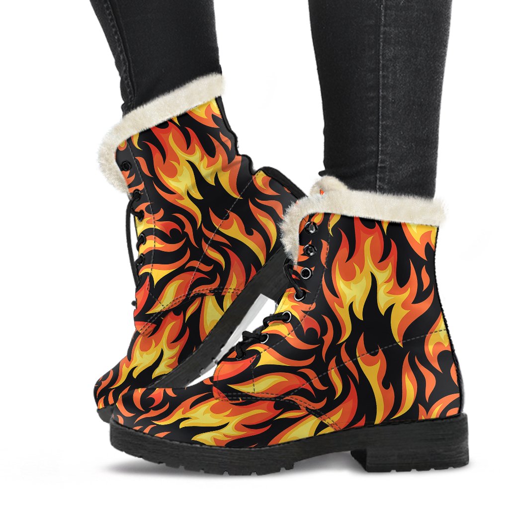 Flame Fire Design Pattern Faux Fur Leather Boots-JTAMIGO.COM