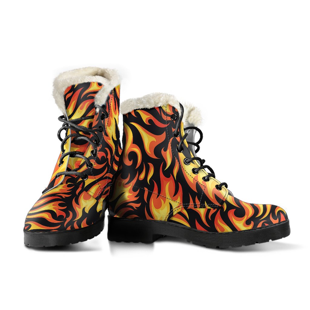 Flame Fire Design Pattern Faux Fur Leather Boots-JTAMIGO.COM