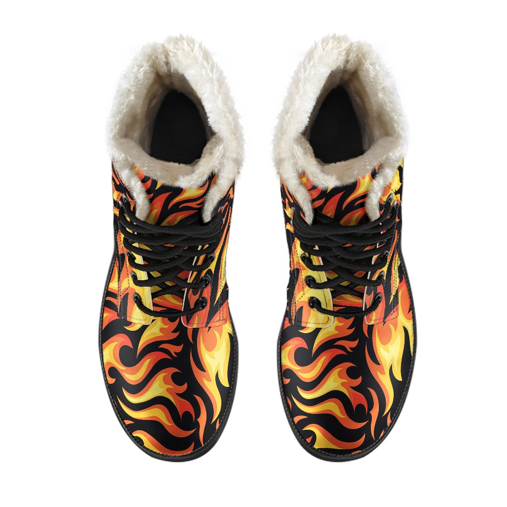 Flame Fire Design Pattern Faux Fur Leather Boots-JTAMIGO.COM