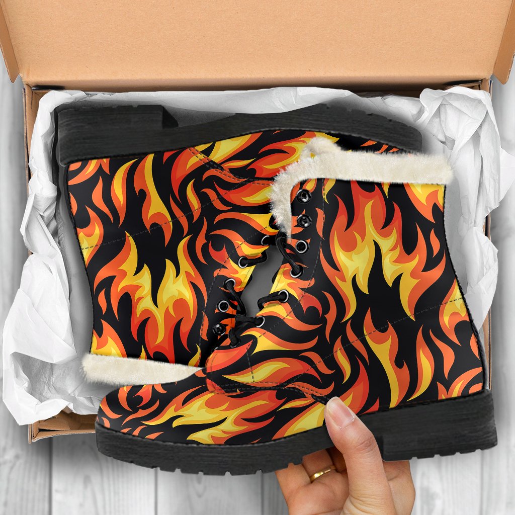 Flame Fire Design Pattern Faux Fur Leather Boots-JTAMIGO.COM