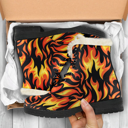 Flame Fire Design Pattern Faux Fur Leather Boots-JTAMIGO.COM