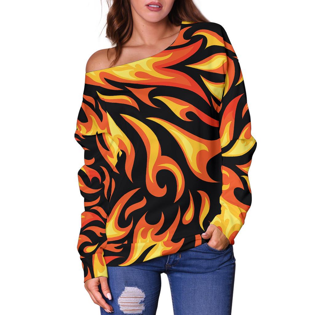 Flame Fire Design Pattern Off Shoulder Sweatshirt