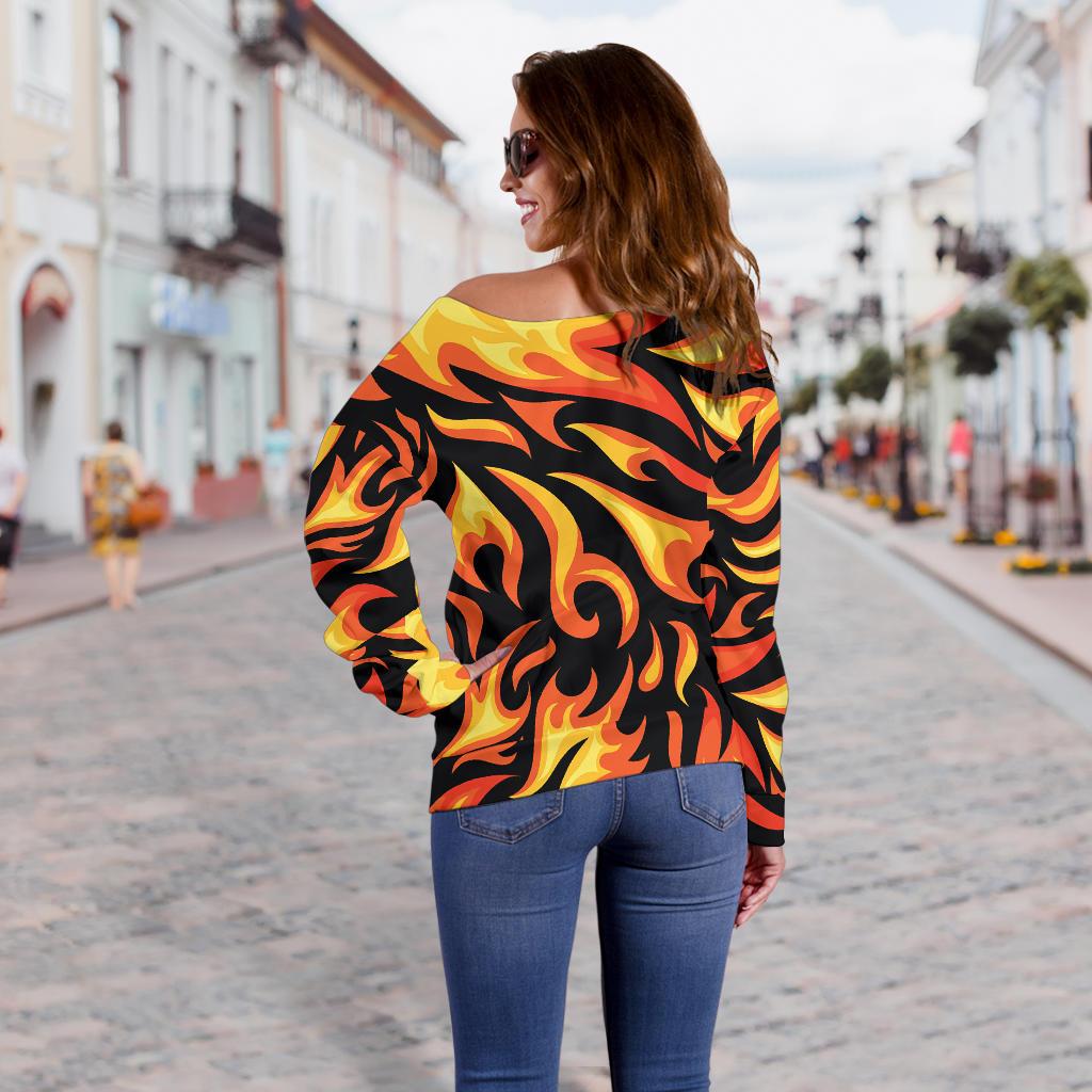 Flame Fire Design Pattern Off Shoulder Sweatshirt