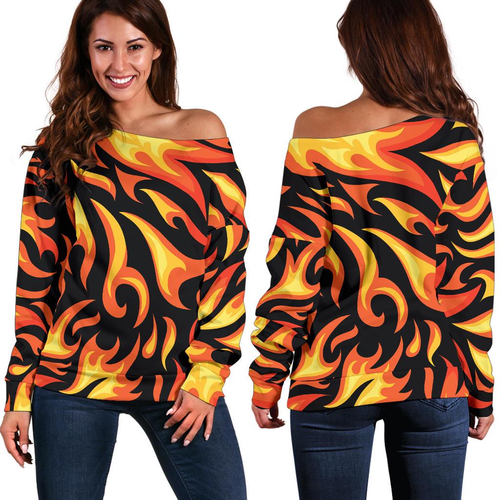 Flame Fire Design Pattern Off Shoulder Sweatshirt