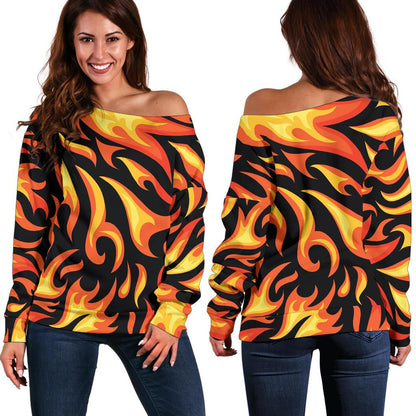 Flame Fire Design Pattern Off Shoulder Sweatshirt