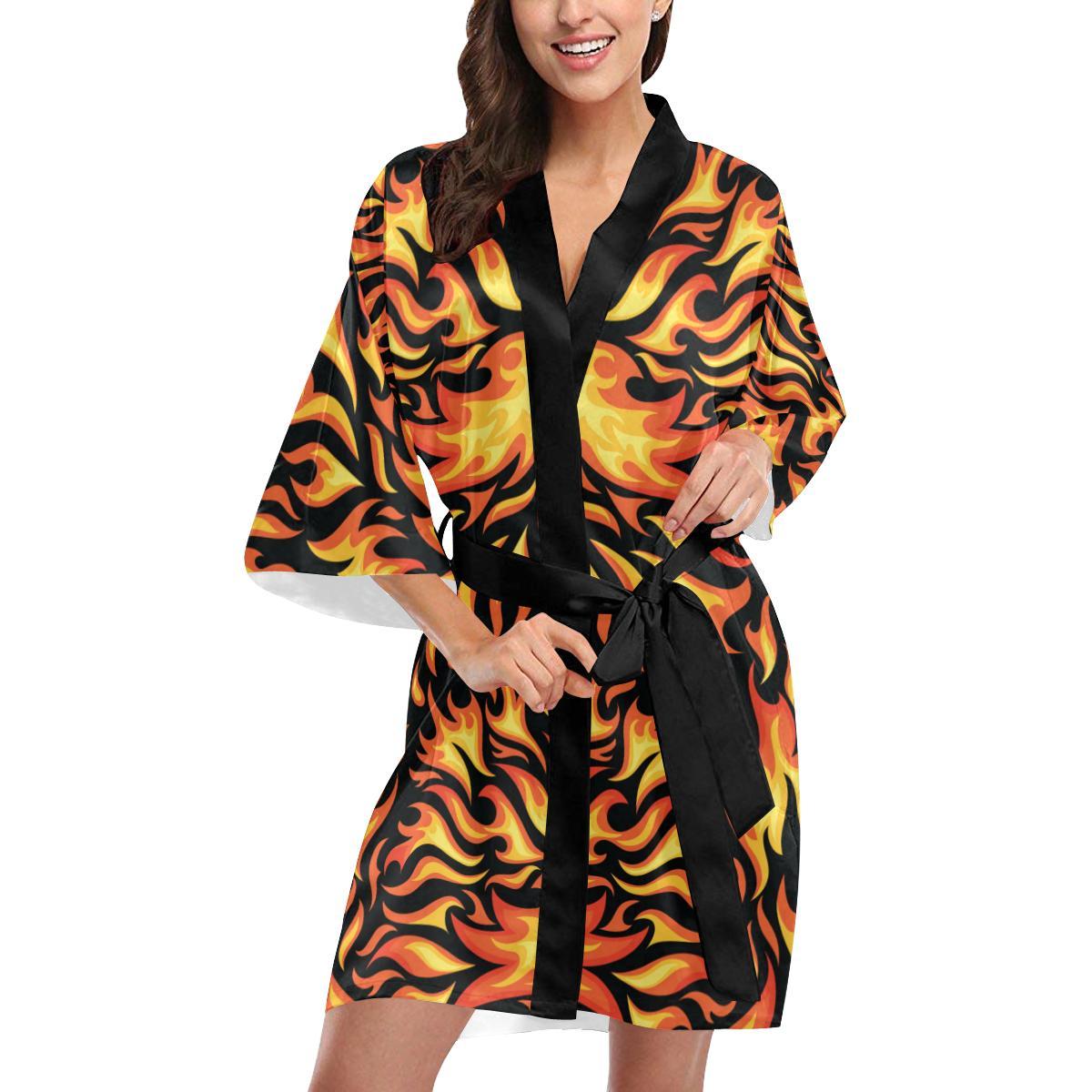 Flame Fire Design Pattern Women Short Kimono Robe