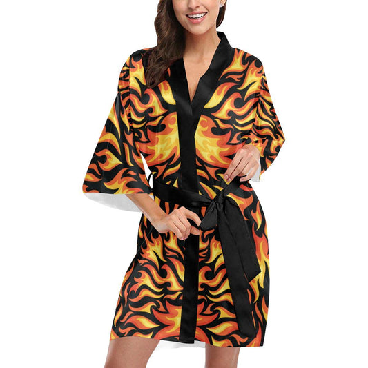 Flame Fire Design Pattern Women Short Kimono Robe