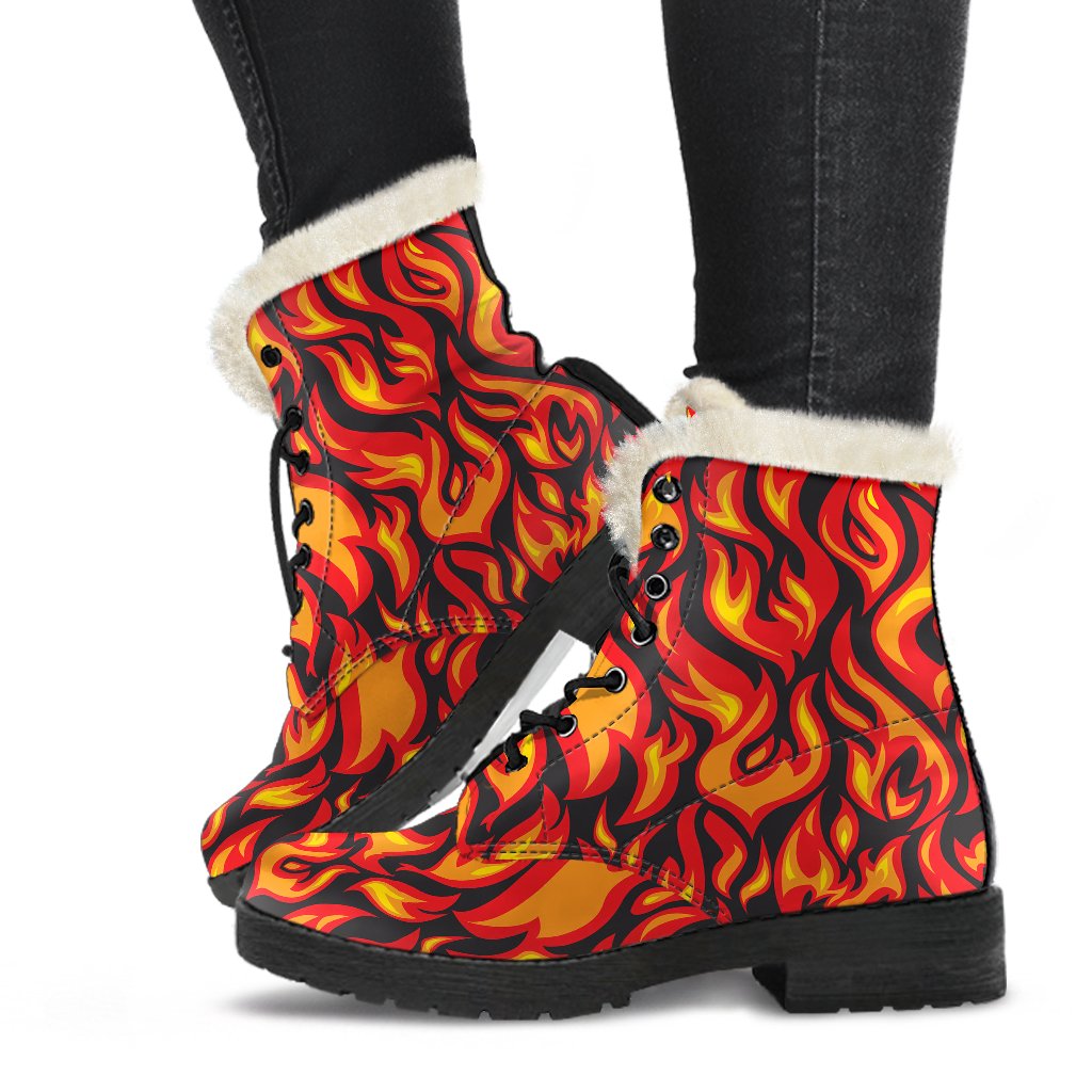 Flame Fire Print Pattern Faux Fur Leather Boots-JTAMIGO.COM
