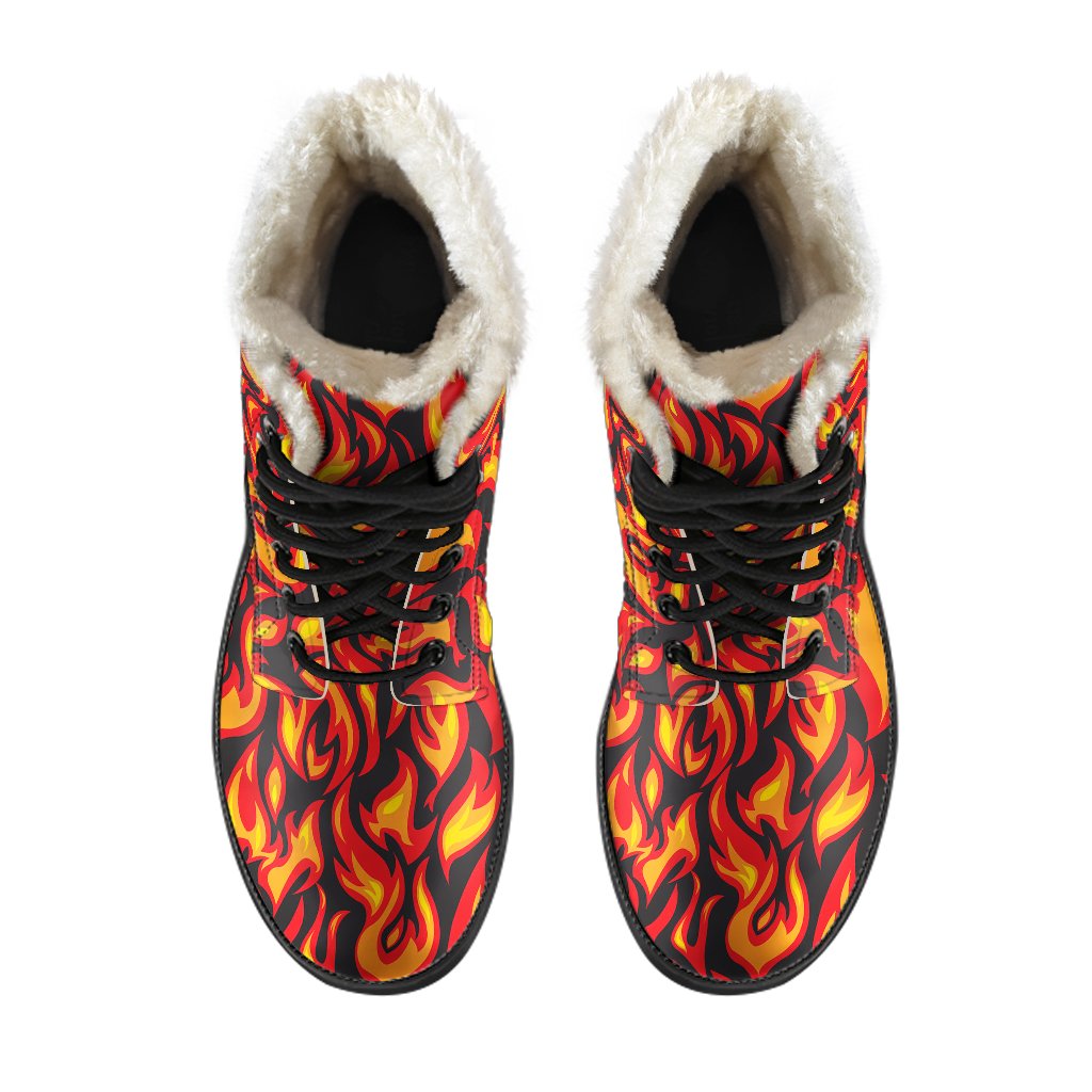 Flame Fire Print Pattern Faux Fur Leather Boots-JTAMIGO.COM