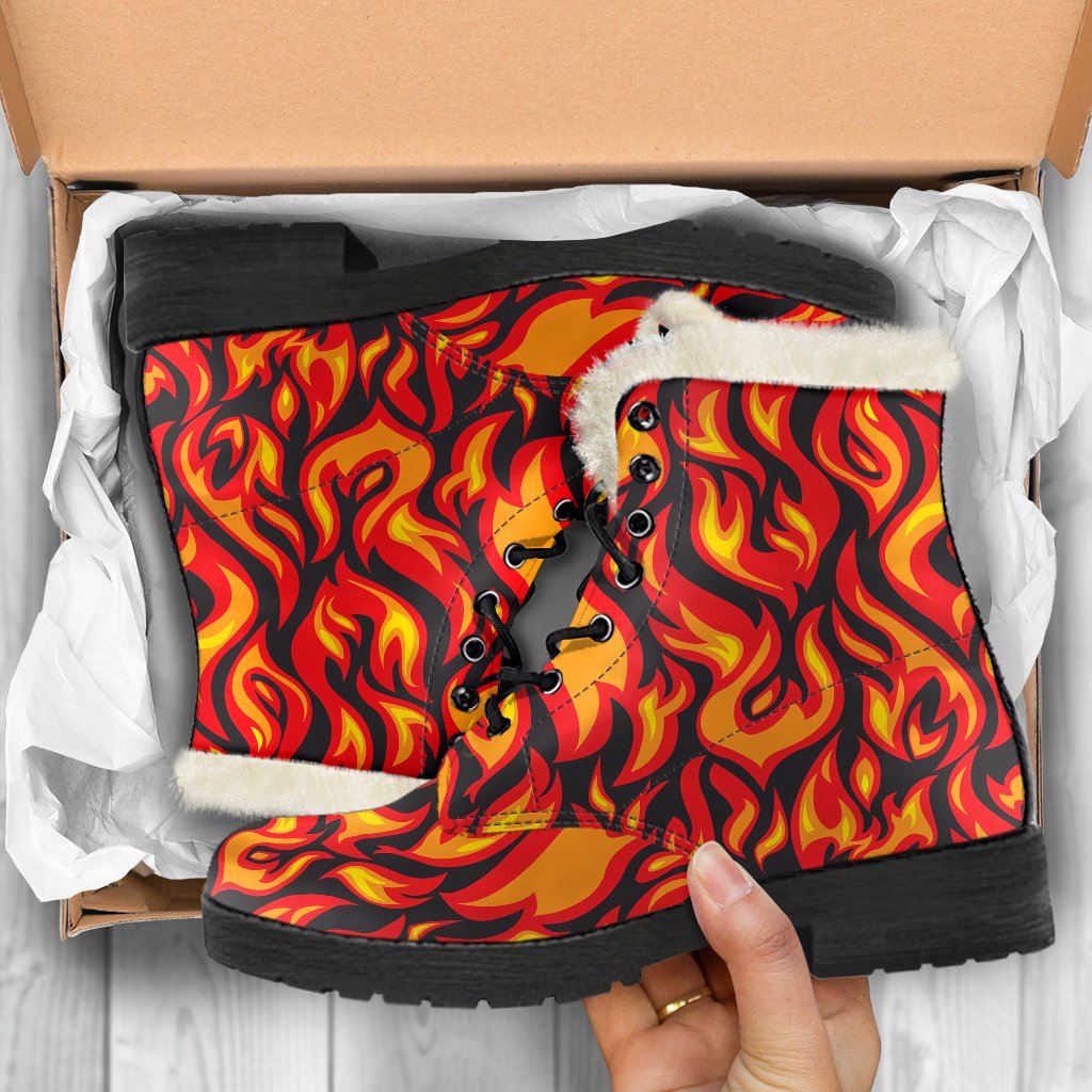 Flame Fire Print Pattern Faux Fur Leather Boots-JTAMIGO.COM