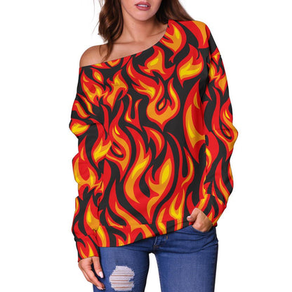 Flame Fire Print Pattern Off Shoulder Sweatshirt